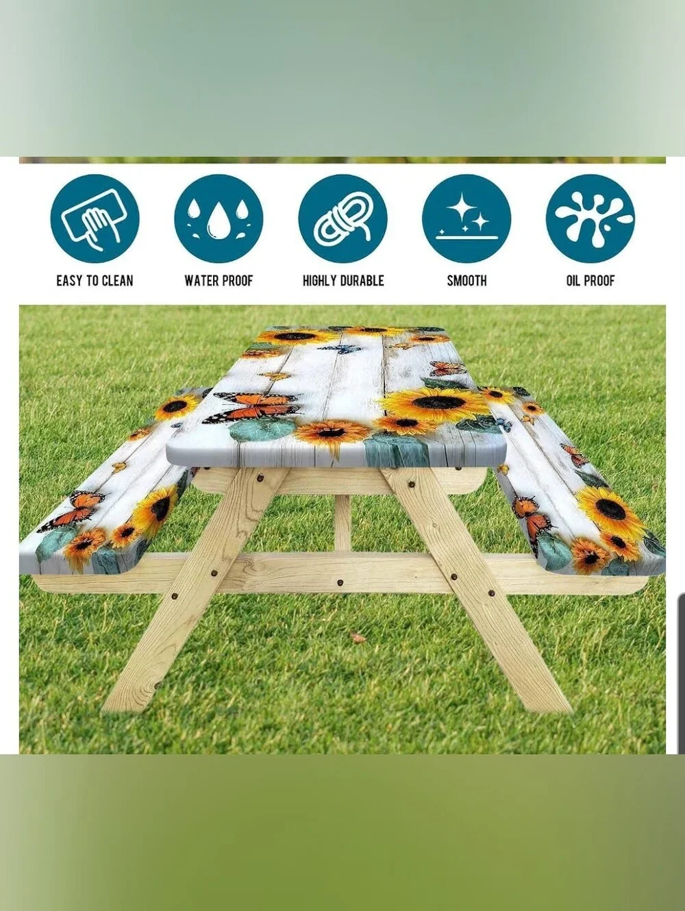 Sunflower & Butterfly Picnic Table Cover - White Background 72 X 30